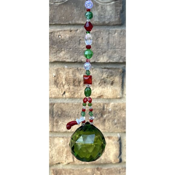 Beaded Christmas Tree Suncatcher Red Green Crystal Prism Hanging Decor - Picture 4 of 10